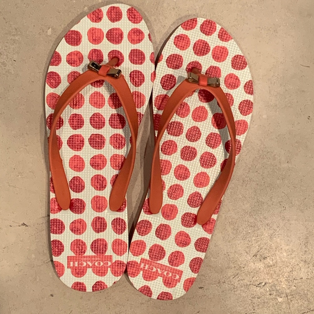 Coach Amel Coral/Orange Polka Dot Flip Flops NWOT